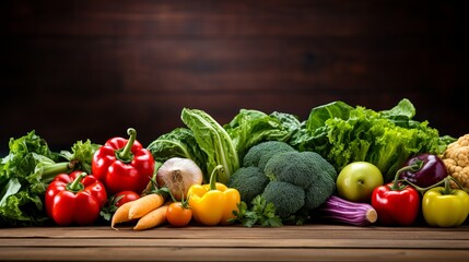 Healthy eating background, studio photography of different fruits and vegetables on old wooden table