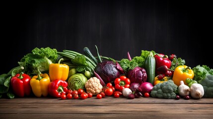 Healthy eating background, studio photography of different fruits and vegetables on old wooden table