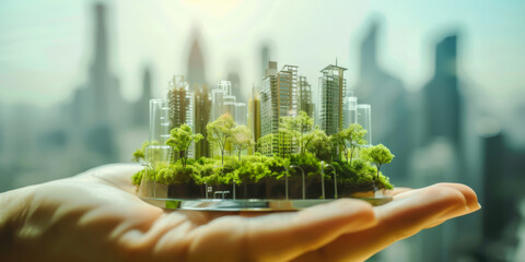 business holding a green city in hand