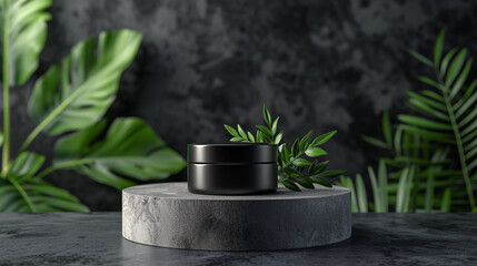 Skincare jar on a wooden surface, bathed in sunlight, surrounded by lush greenery.