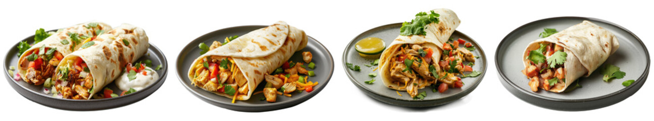 Chicken fajita wrap on a grey plate. Collection isolated on transparent background - obrazy, fototapety, plakaty