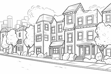 printable picture, coloring book with cozy buildings
