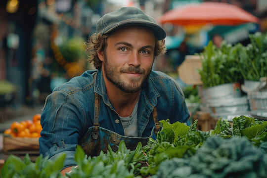 A joyful urban farmer in denim overalls and a cap stands proudly at a local market, with a spread of fresh greens that tell a story of passion for sustainable urban agriculture