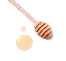 Tasty natural honey and dipper on white background, top view