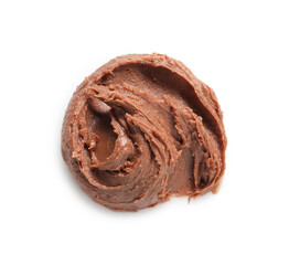 Sample of tasty nut butter isolated on white, top view