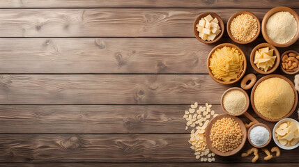 Carbohydrate Rich Foods Arrangement on Wooden Surface Top View with Copy Space

