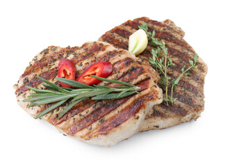 Delicious grilled pork steaks and spices on white background