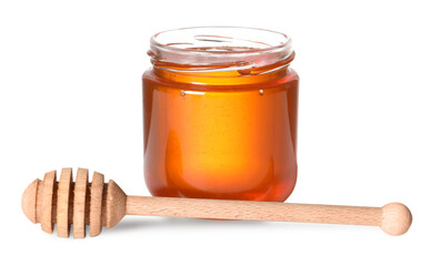 Tasty natural honey in glass jar and dipper isolated on white