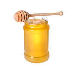 Tasty natural honey in glass jar and dipper isolated on white