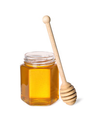 Tasty natural honey in glass jar and dipper isolated on white