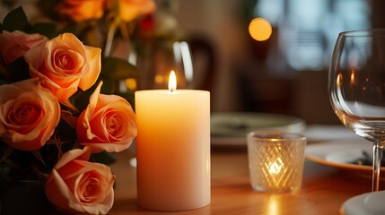 Large candle on a romantic dinner table set up at home for two
