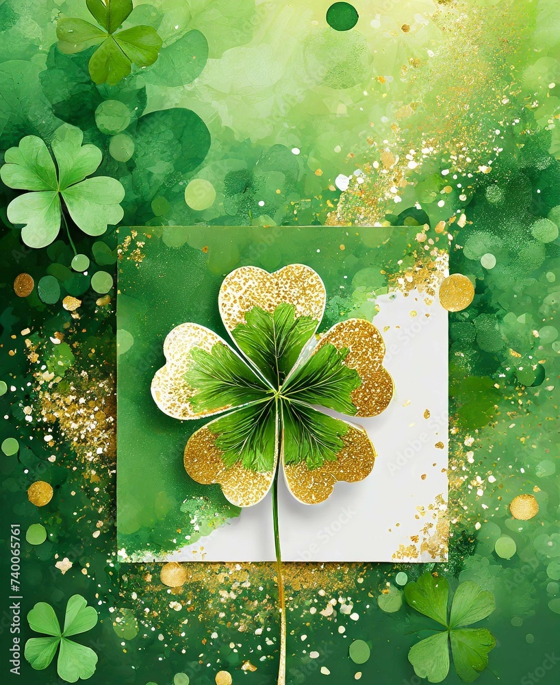 Sticker Card template with empty space for St. Patrick's Day with green four and clover on green background, with gold splashes for party invitation design.