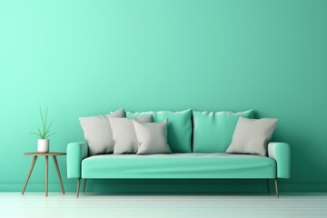 a sofa with cushions against a mint green wall