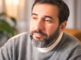 Obraz premium Mature depressed Caucasian man at home, sad face closeup. Mental Health concept.