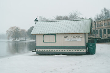 Boat Rental building on a snowy winter day in Delaware Park, Buffalo, New York