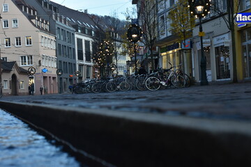  Evening Street View in Freiburg, Germany with Bicycles and Tram