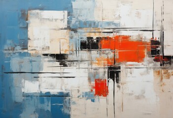 abstract blue and red painting, in the style of orange and beige, luxurious geometry