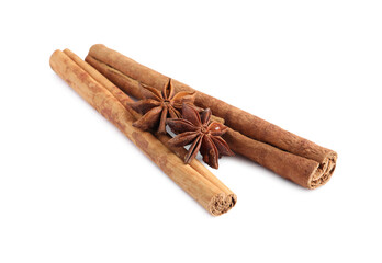 Cinnamon sticks and anise stars isolated on white