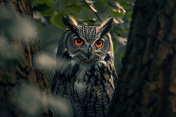Great Horned Owl Hiding in the Green Foliage