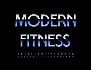 Vector metallic sign Modern Fitness. Stylish Silver Font. Modern Steel Alphabet Letters and Numbers.