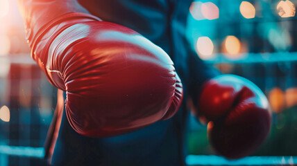 close up of boxing gloves in the background of the punching bag - Powered by Adobe