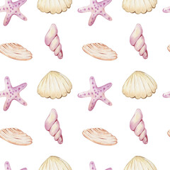 Watercolor seamless pattern with seashells on white background.