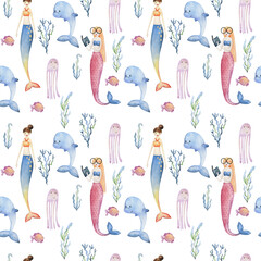 Watercolor seamless pattern with cute mermaids and sea animals.