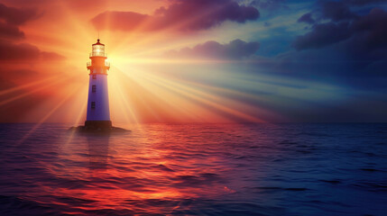 a large lonely lighthouse with glowing rays in the middle of the sea illuminates the path, sunrise, orange light against the background of a dark sky, day and night - obrazy, fototapety, plakaty