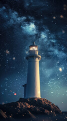 lighthouse glowing against the background of the night starry sky, view from below