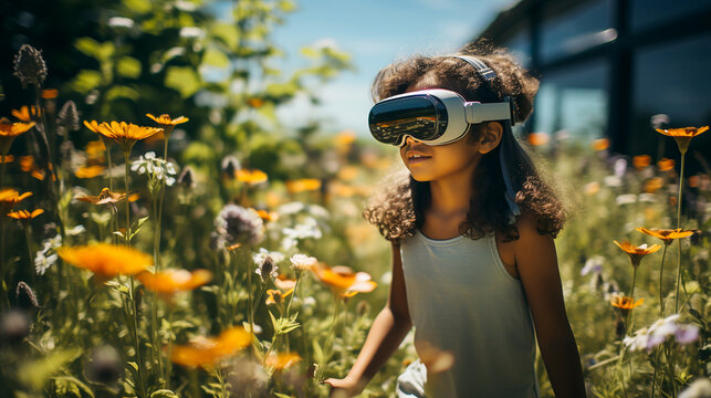 A child in an imaginary world wearing a VR headset before his eyes. Augmented reality technologies, Virtual world of the future