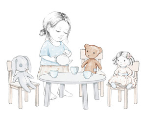 Watercolor tea party composition with cartoon baby girl, teddy bear, doll, bunny, dishes and furniture isolated on white background. Watercolor hand drawn illustration sketch