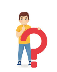 Cute kid boy thinking standing behind question mark isolated vector illustration