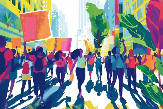 A vibrant illustration of a diverse group of people demonstrating in an urban environment, with brightly colored signs and a sense of unity