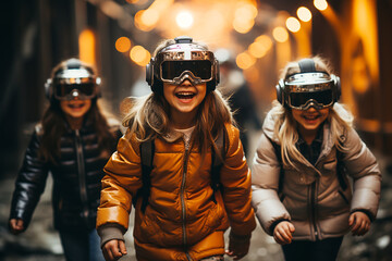 Children on the street for a walk with a VR headset in front of their eyes, play and laugh happily. Augmented reality technologies, Virtual world of the future