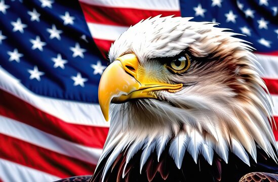 Wavy American flag with an eagle symbolizing strength and freedom . 4th of July Memorial or Independence day background.
