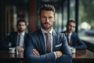 Business people having office meeting successful coworkers company building Generative AI