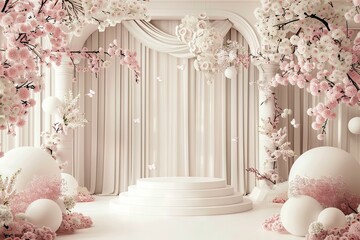 Enchanting event setting with a whimsical stage, surrounded by delicate pink florals and elegant draped curtains.
