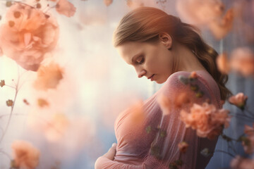 Ai generated photo of charming lovely cute mama woman surrounded by blooming flowers