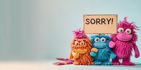 Fototapeta premium Cuddly extrange funny criatures , with blank signboards 