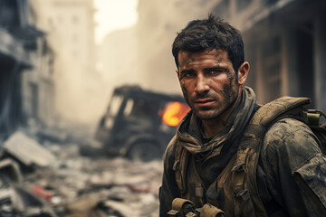 Obraz premium AI generated image photo of a professional rescuer against ruined city damaged buildings background