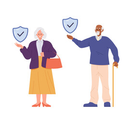 Elderly people insurance set with happy senior man and aged woman holding protective shield - obrazy, fototapety, plakaty