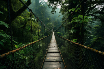 A long suspension bridge made of wooden planks extending through a dense forest made with generative AI