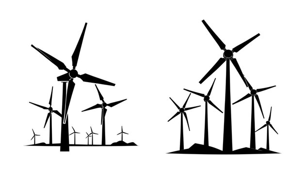 Several windmills are displayed against a white background. The windmills are stationary, their blades unmoving, with each one positioned at different angles. The image shows the industrial structures