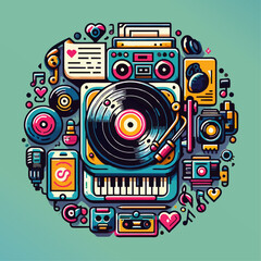 Colorful Illustration of a Record Player Among Various Objects, vector design isolated against white background