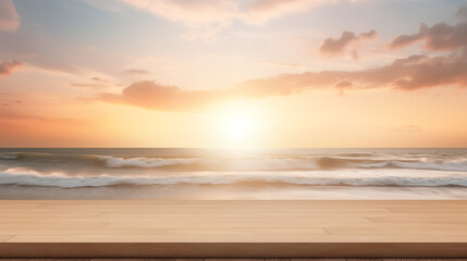beautiful sunset over a sandy beach and ocean, wood podium, clean blank stage, product display montage - obrazy, fototapety, plakaty