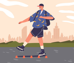 Adolescent Skater Boy Glides Through The Park, Weaving Between Cones With Effortless Precision Vector Illustration