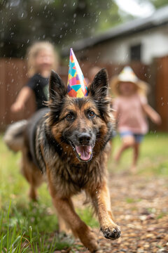 German Shepherd dog wearing a party hat at a child's birthday party. German Shepherd running through the garden