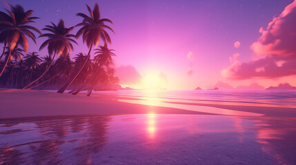 beautiful holographic sunset over a sandy beach with coconut and ocean, clean blank stage, product display montage