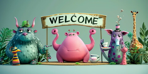 Cuddly friendly funny creatures hosting a tea party, with blank signboards "WELCOME" to help communicate the messages.
