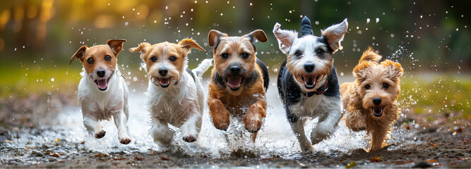 Dogs of various sizes and breed, running into a lake, water splashing around them.